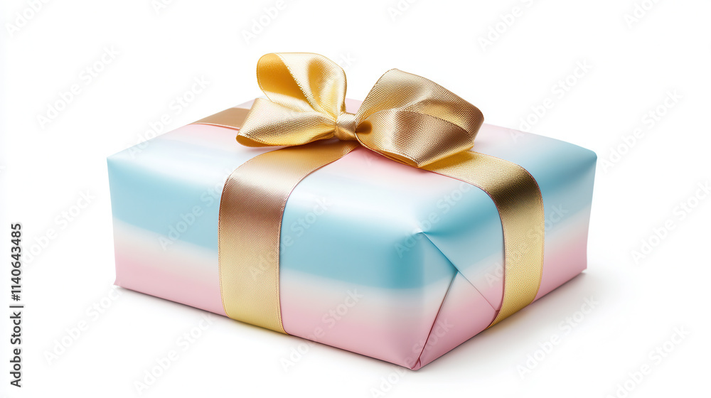 A decorative present with bright pastel blue and pink gradient wrapping, accented with a vivid golden ribbon bow, cleanly separated from a pure white background, highly detailed design with precise ri A decorative present with bright pastel blue and pink gradient wrapping, accented with a vivid golden ribbon bow, cleanly separated from a pure white background, highly detailed design with precise ri