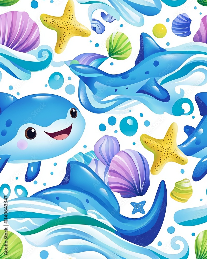 Obraz premium Playful Sharks and Ocean Waves Pattern Design