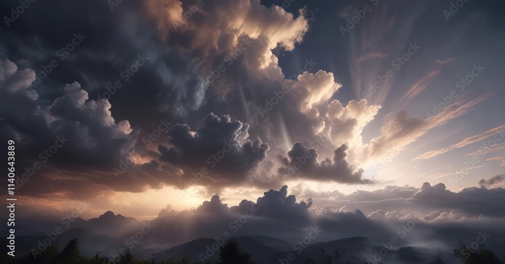 Gentle beam of light breaks through layered clouds during tranquil evening hours, layered clouds, natural wonder, calm atmosphere Gentle beam of light breaks through layered clouds during tranquil evening hours, layered clouds, natural wonder, calm atmosphere