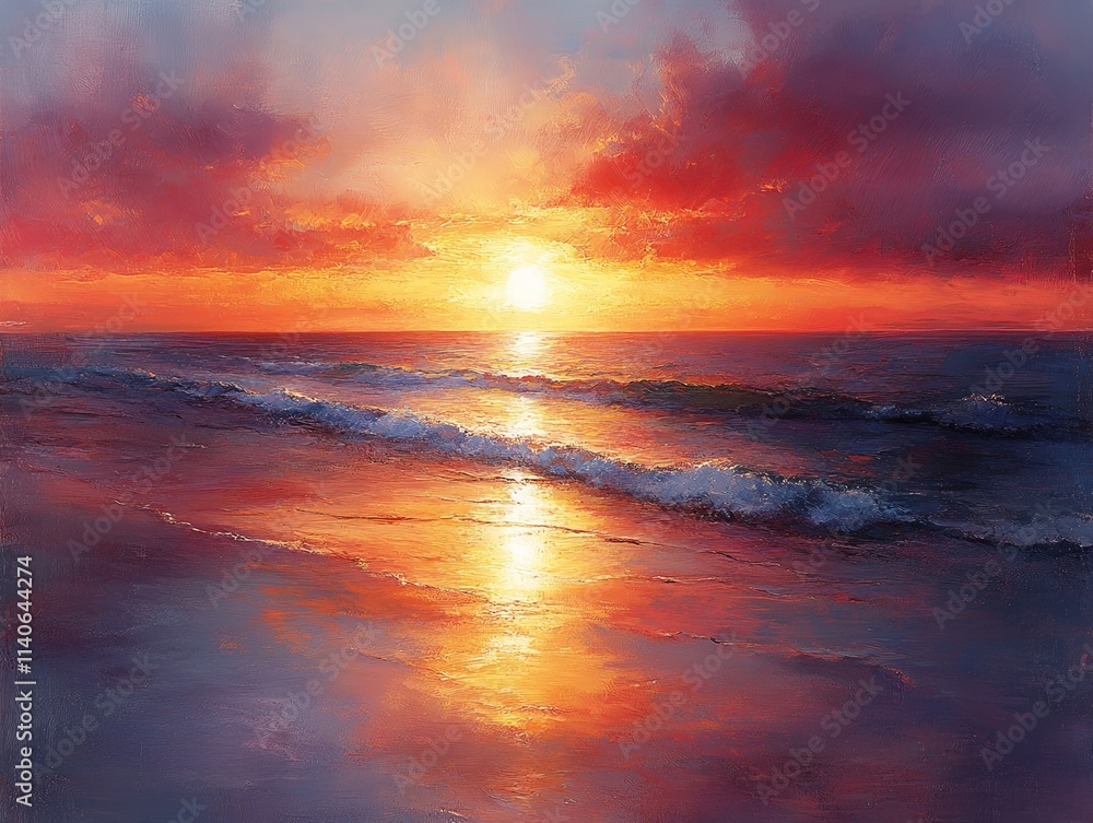 Obraz premium Serene Golden Sunset Over Calm Ocean Waves