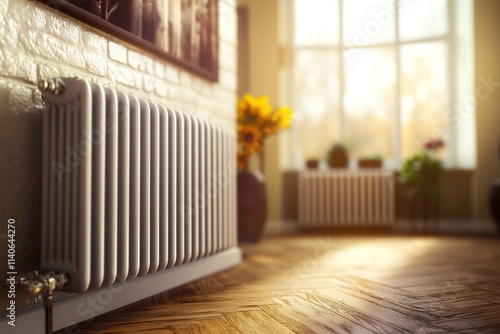 Radiator in the livingroom. Efficient temperature regulation and power saving. Generative Ai