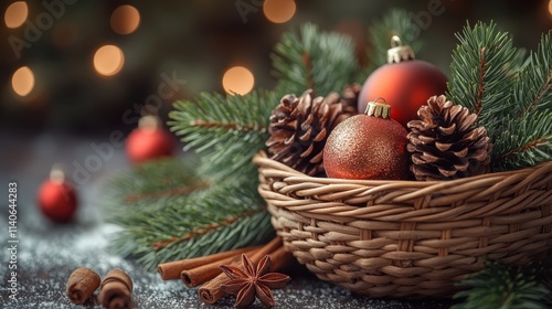 A basket filled with cinnamon sticks, pinecones, and small wrapped gifts.