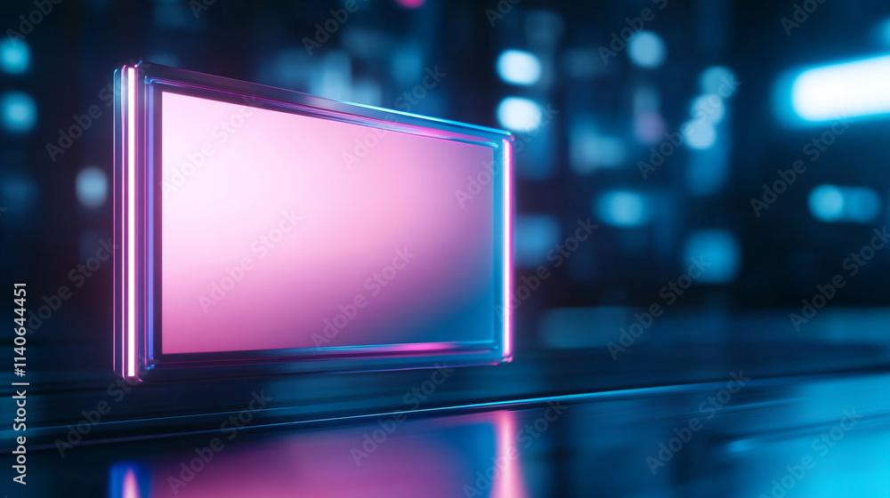 Fototapeta premium Futuristic digital display with glowing neon lights in a dark room.