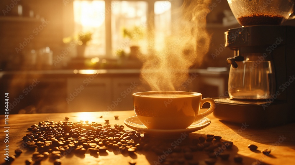 Steaming cup of coffee on kitchen counter at sunrise, with coffee beans and grinder. Steaming cup of coffee on kitchen counter at sunrise, with coffee beans and grinder.