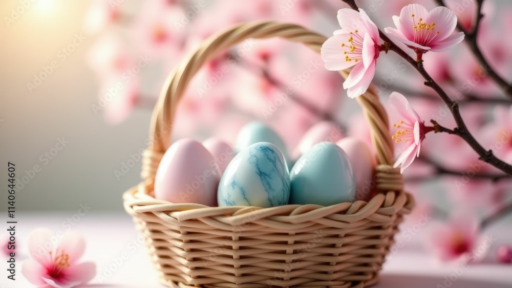 Easter Basket with Marble-Patterned Eggs and Cherry Blossoms Easter Basket with Marble-Patterned Eggs and Cherry Blossoms