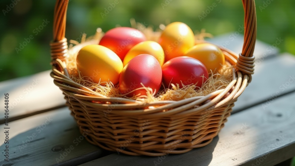 Easter Basket with Red and Yellow Dyed Eggs on Straw Bedding Easter Basket with Red and Yellow Dyed Eggs on Straw Bedding