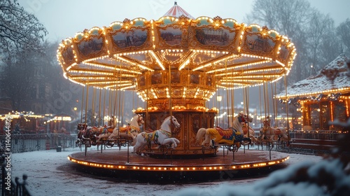 A beautifully lit Christmas carousel covered in sparkling frost. photo