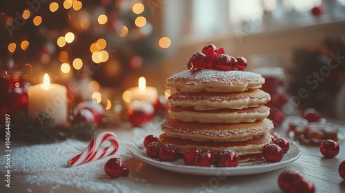 A beautifully set holiday breakfast table with pancakes and candy canes.