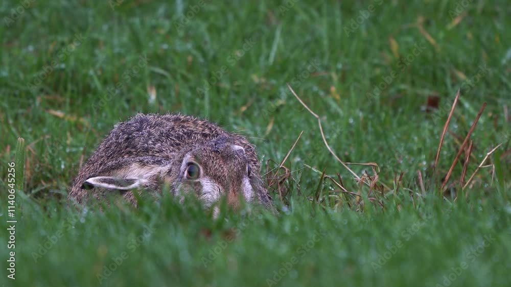 A European hare (Lepus europaeus) lying in a meadow and looking at you A European hare (Lepus europaeus) lying in a meadow and looking at you