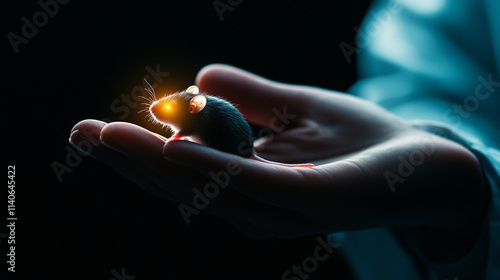 Glowing mouse in hand, symbolizing innovation and scientific progress.