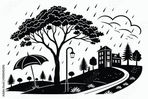 A high-quality, eye-catching vector of a vibrant monsoon scene, such as a scenic landscape with monsoon rain or an urban view with rain effects. black silhouette color and white background