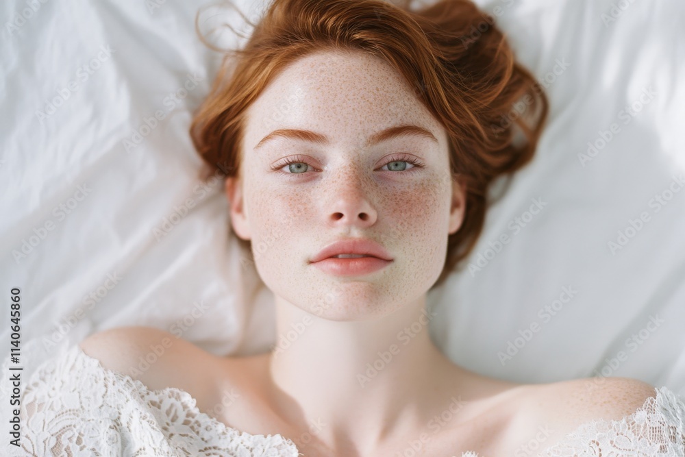 a woman with red hair lying on a white sheet a woman with red hair lying on a white sheet