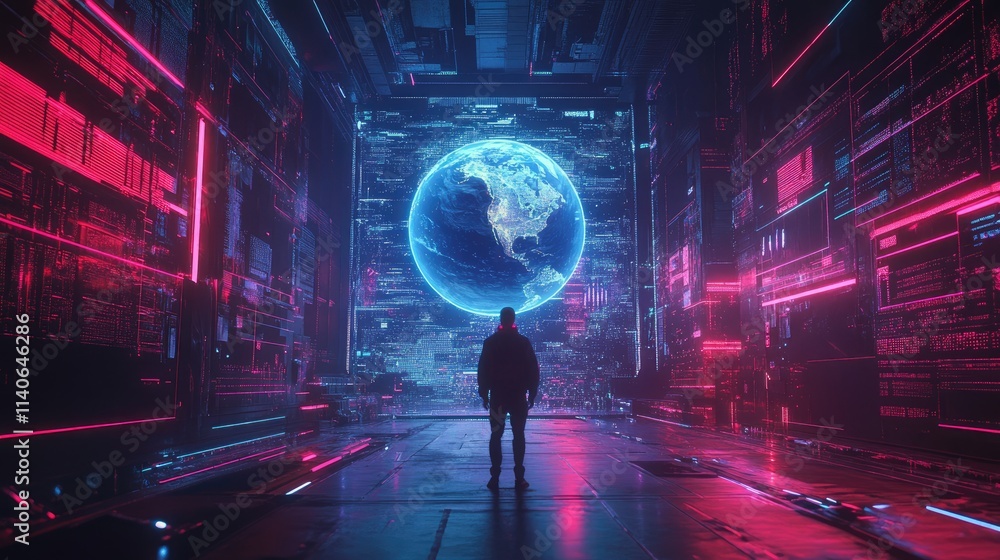 A futuristic trade concept with a digital hologram of Earth, interactive network lines, cyber-inspired, rich neon hues, clean and modern A futuristic trade concept with a digital hologram of Earth, interactive network lines, cyber-inspired, rich neon hues, clean and modern