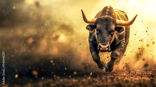 Powerful bull charging forward in a dusty arena photo