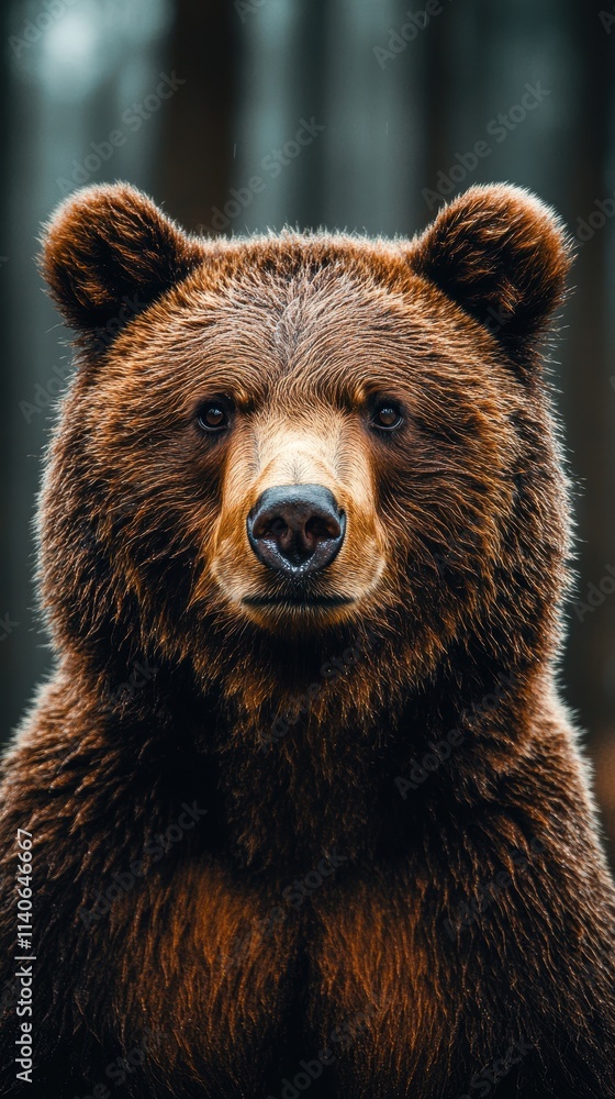 Obraz premium Powerful and Majestic Brown Bear in a Lush Forest Setting, Capturing the Essence of Wild Nature and Its Untamed Beauty, with Intense Eyes and Luxurious Fur Coat
