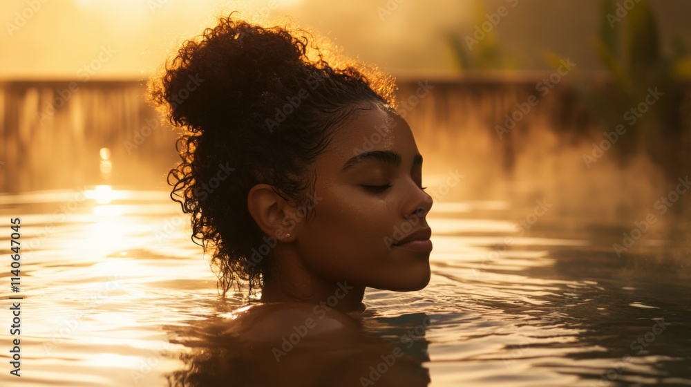 woman relaxing in a hot spring during golden hour
