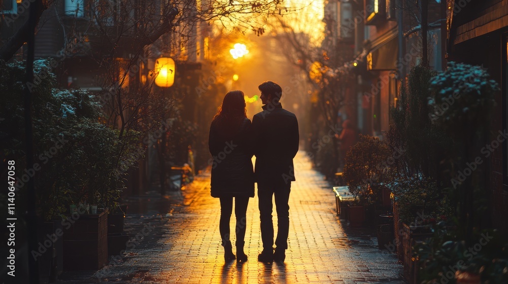 Silhouetted Couple Walking Down a Picturesque Cobblestone Street at Sunset, Surrounded by Lush Foliage and Warm Ambient Light in a Tranquil Setting Silhouetted Couple Walking Down a Picturesque Cobblestone Street at Sunset, Surrounded by Lush Foliage and Warm Ambient Light in a Tranquil Setting