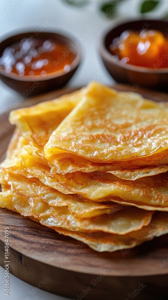 Stack of delicious golden crepes with jam on wooden board Stack of delicious golden crepes with jam on wooden board