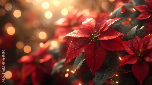 A cozy holiday arrangement of poinsettias and red bows, glowing softly in a warm golden light, vibrant colors enhancing the festive atmosphere, intricate details on petals and ribbon textures,