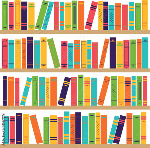 Book shelves with multicolored book spines. Vector illustration in flat style.	