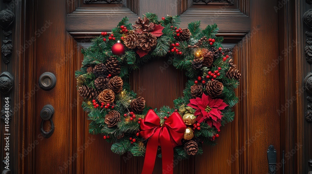 Fototapeta premium A Christmas wreath hanging on an ornate wooden door, decorated with ribbon and pinecones.
