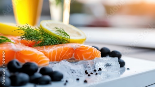 Freshly sliced raw salmon pieces on a white plate garnished with lemon slices, fresh dill herb, surrounded by blueberries and ice cubes, ready for a seafood delight. photo