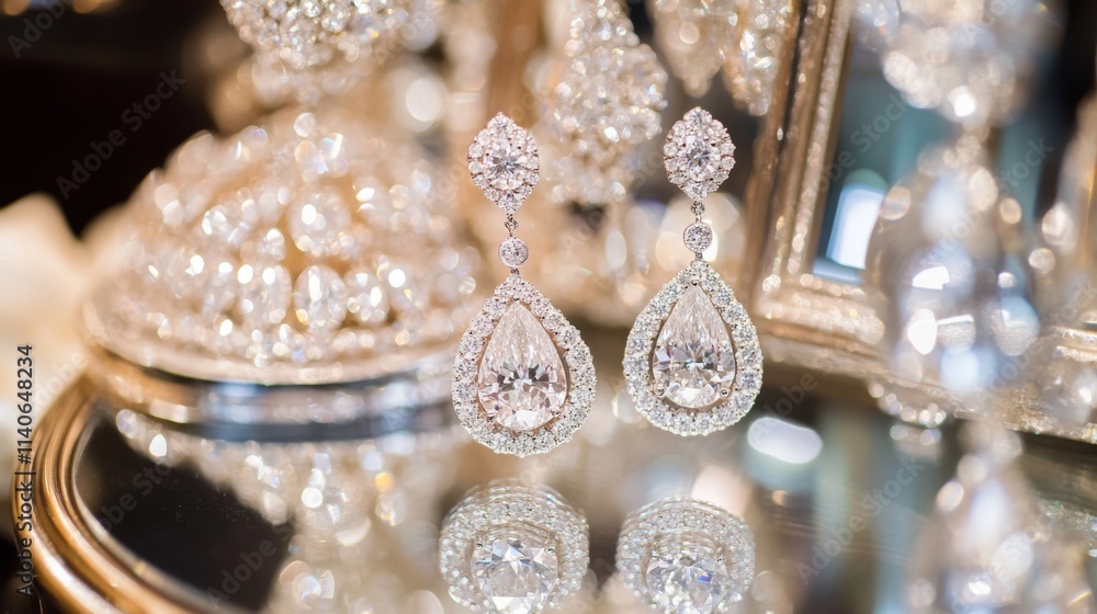 Elegant Diamond Earrings with Sparkling Gemstones on Table Elegant Diamond Earrings with Sparkling Gemstones on Table