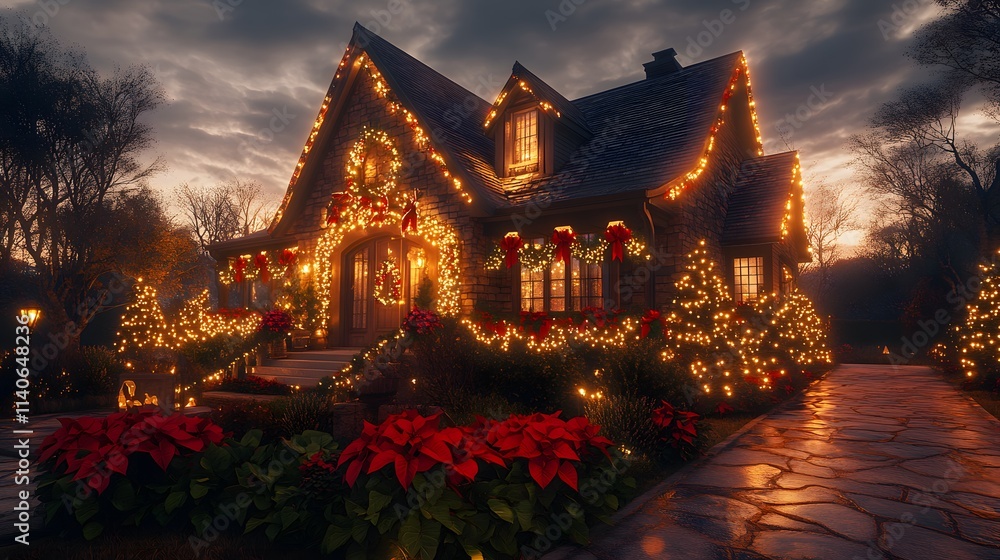 Fototapeta premium A cozy holiday house glowing with warm lights, festive garlands draped along the roofline, red bows adorning the porch, twinkling fairy lights illuminating lush greenery and poinsettias,