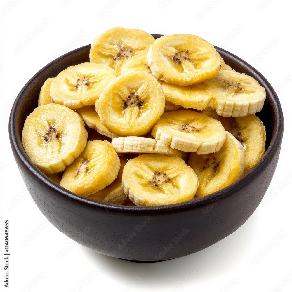 Yellow banana slices in dark bowl, on white. Yellow banana slices in dark bowl, on white.
