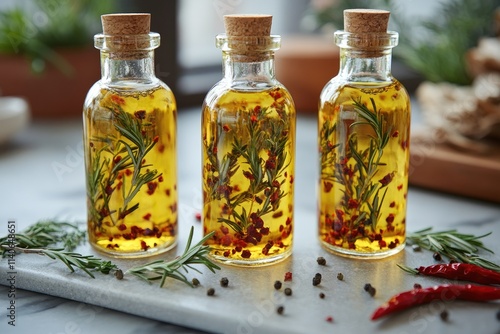 Rosemary and pepper infused olive oil in glass bottles photo