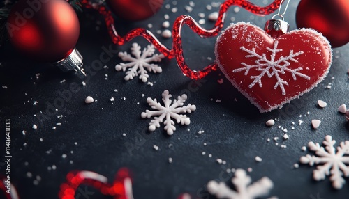 A festive arrangement featuring red ornaments, a heart-shaped decoration, and snowflakes on a dark background, evoking a cozy holiday spirit.