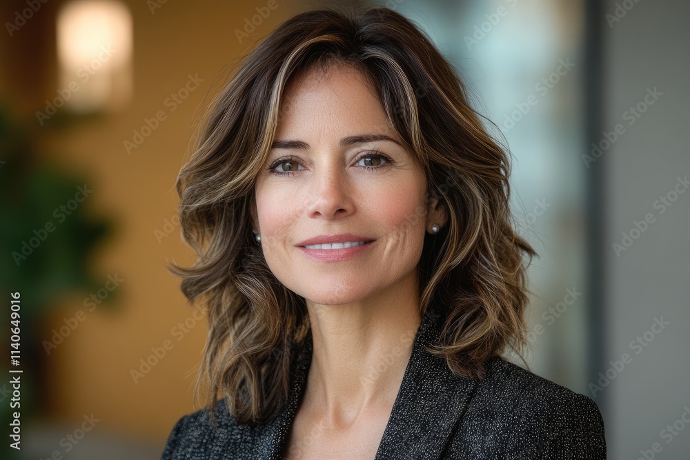 Confident businesswoman smiling in modern office setting Confident businesswoman smiling in modern office setting