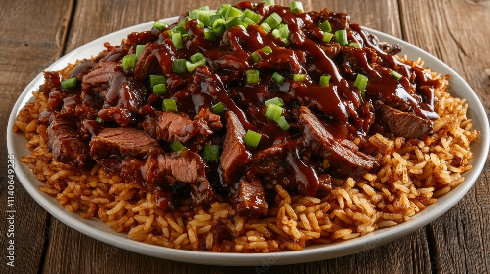Savory Barbecue Beef Over Fluffy Rice with Fresh Green Onions Savory Barbecue Beef Over Fluffy Rice with Fresh Green Onions