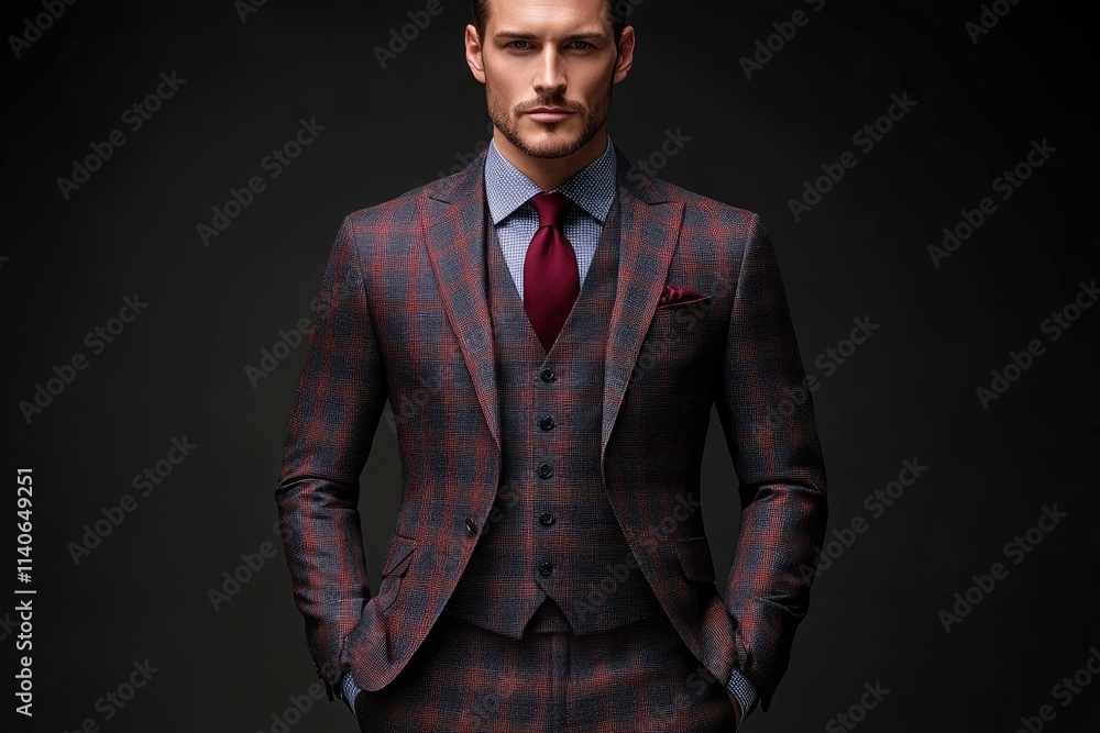 Elegant businessman posing in stylish plaid suit and tie Elegant businessman posing in stylish plaid suit and tie
