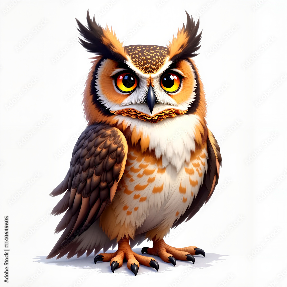 Naklejka premium Stylized cartoon owl with big eyes and a proud expression standing on a soft background with copy space