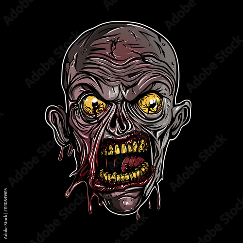 Scary Zombie Head Isolated Sublimation On Black Background, T-shirt design