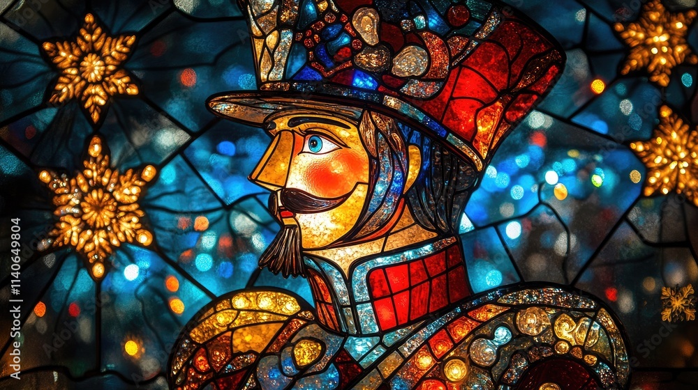 Stained glass nutcracker soldier gazing into christmas lights Stained glass nutcracker soldier gazing into christmas lights