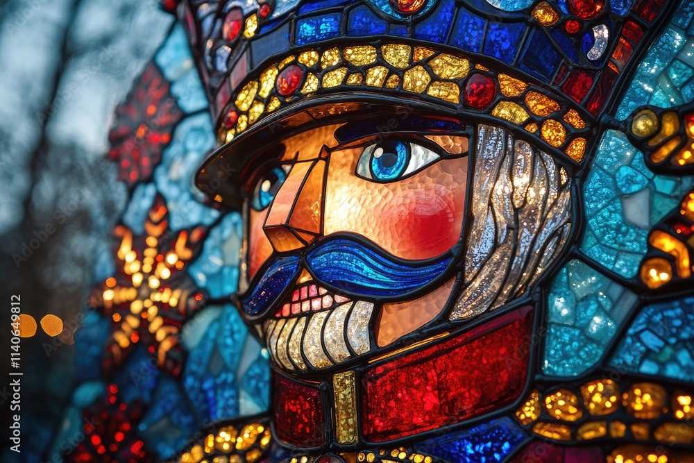 Obraz premium Stained glass nutcracker bringing christmas spirit with snowflakes background