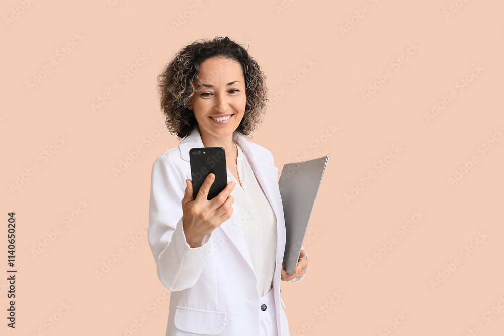Mature businesswoman with folder and mobile phone on beige background Mature businesswoman with folder and mobile phone on beige background