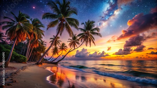 Relaxing Beach Night Photography: Serene Coastal Sunset, Peaceful Ocean Waves, Starry Sky