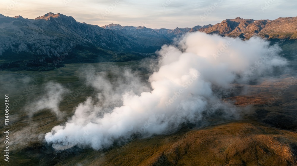 An aerial perspective reveals dense volcanic smoke billowing over a vast, rugged mountain range, highlighting the natural power and unpredictable beauty of earth. An aerial perspective reveals dense volcanic smoke billowing over a vast, rugged mountain range, highlighting the natural power and unpredictable beauty of earth.