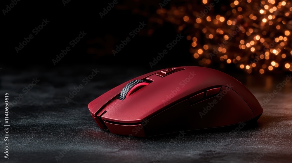 A sleek, red wireless mouse resting on a dark surface with a focus on its elegant design and ergonomic shape, perfect for modern computing tasks. A sleek, red wireless mouse resting on a dark surface with a focus on its elegant design and ergonomic shape, perfect for modern computing tasks.