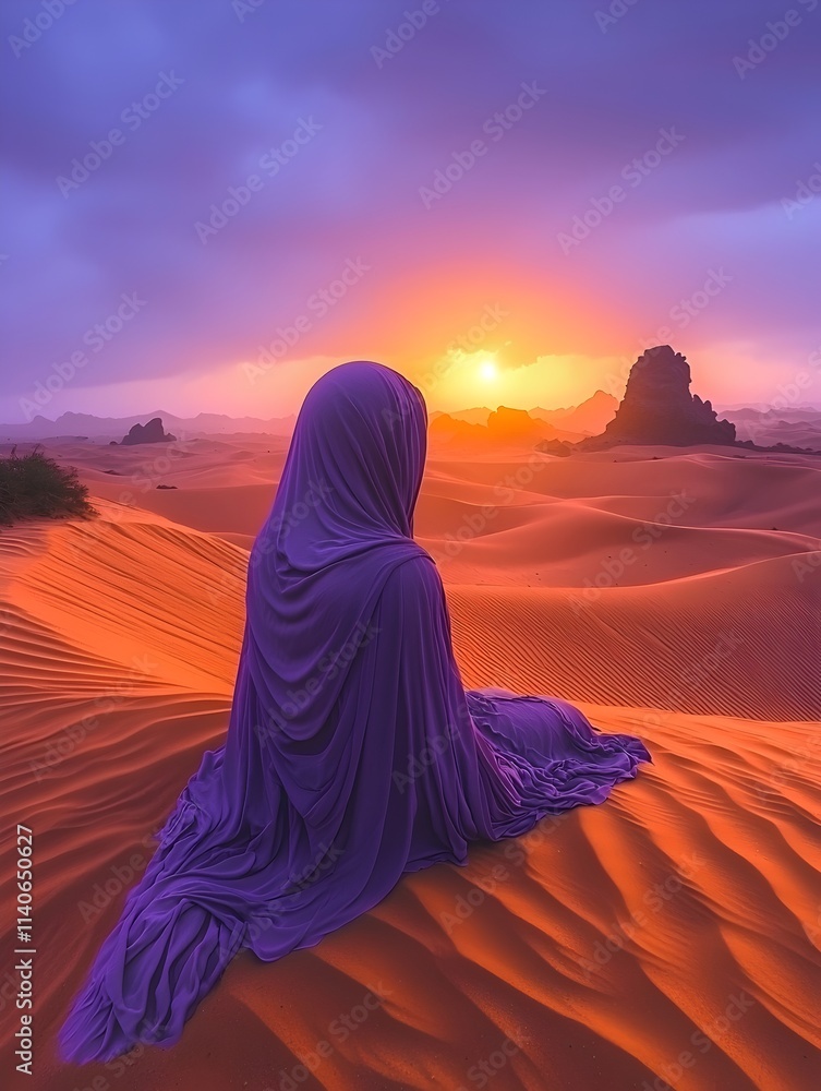 A serene woman of Middle Eastern descent, cloaked in a flowing purple garment, gazes at a vibrant sunset over the undulating desert dunes, bathed in warm golden light. A serene woman of Middle Eastern descent, cloaked in a flowing purple garment, gazes at a vibrant sunset over the undulating desert dunes, bathed in warm golden light.