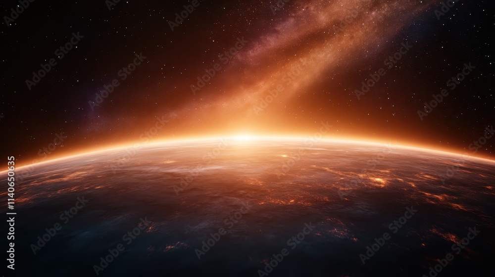 A visually striking representation of a golden sunrise over an out-of-this-world planet, introducing an awe-inspiring scene brimming with cosmic wonder. A visually striking representation of a golden sunrise over an out-of-this-world planet, introducing an awe-inspiring scene brimming with cosmic wonder.