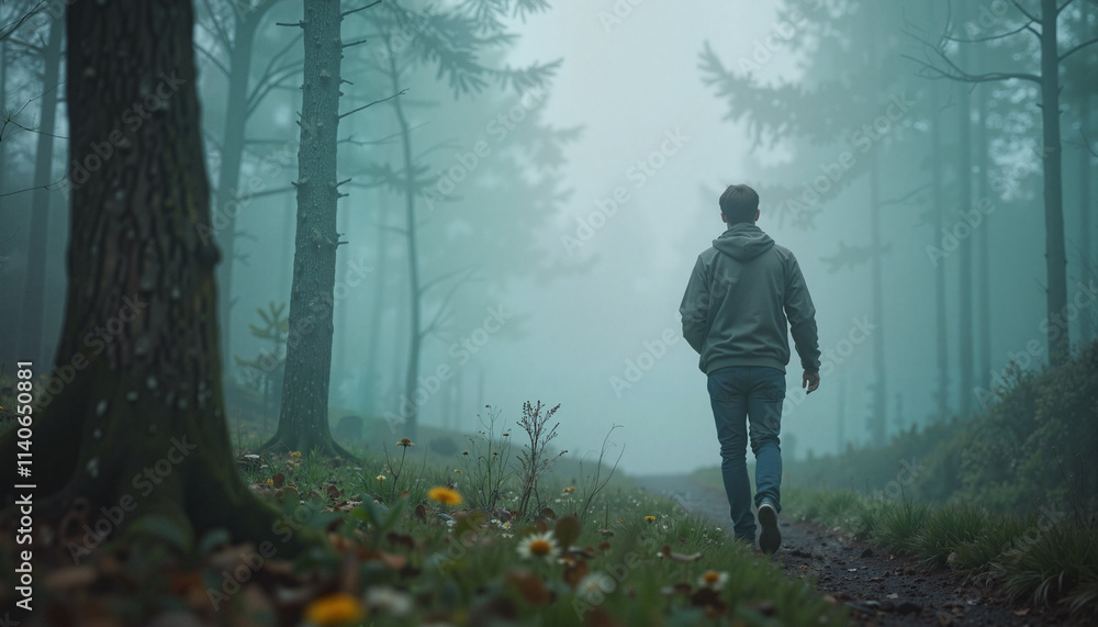 Man walking through a foggy forest trail
Man walking through a foggy forest trail