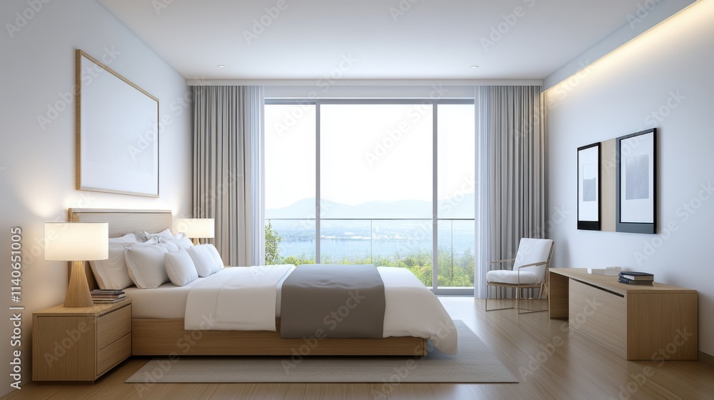 Fototapeta premium Elegant Minimalist Bedroom with Large Window Offering Scenic Mountain Views and Modern Decor