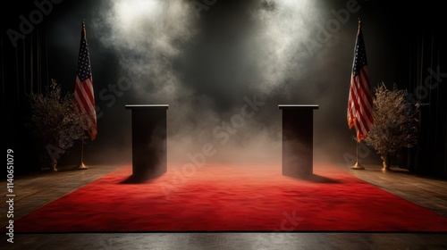 An intriguing, eerie image of a political debate stage with two podiums flanked by American flags, enveloped in mysterious dark smoke, suggests foreboding and tension. photo