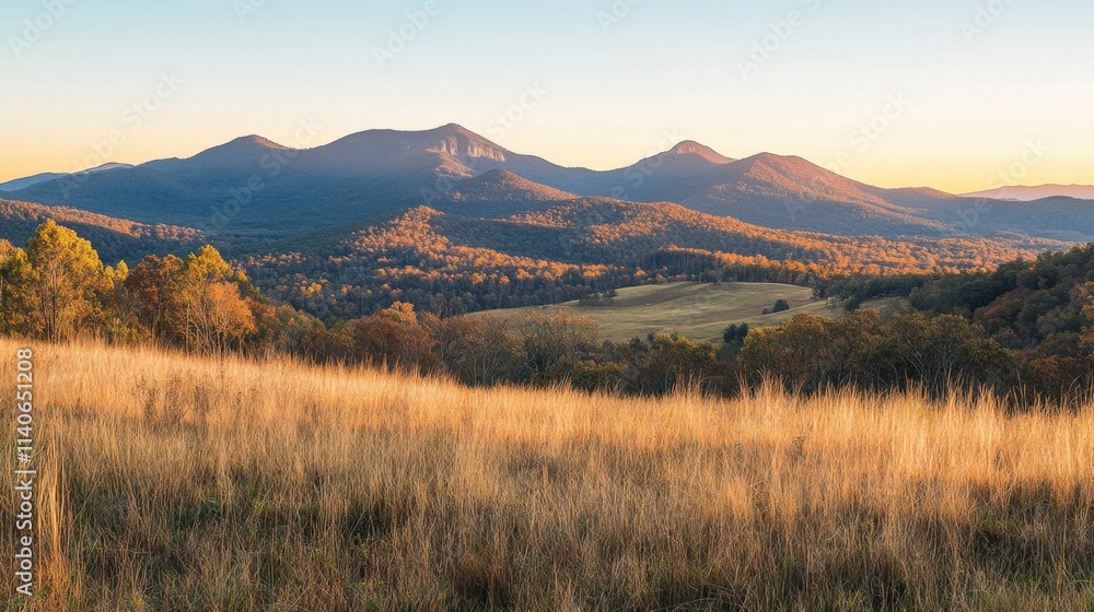 Obraz premium mountain landscape with golden fields and autumn colors at sunset