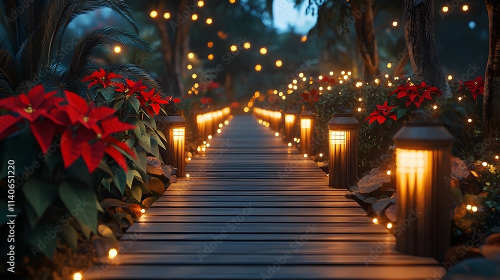 A cozy wooden walkway, softly glowing with ground lights, vibrant poinsettias and lush greenery lining the sides, holiday magic in every detail, serene evening atmosphere, cinematic lighting, A cozy wooden walkway, softly glowing with ground lights, vibrant poinsettias and lush greenery lining the sides, holiday magic in every detail, serene evening atmosphere, cinematic lighting,