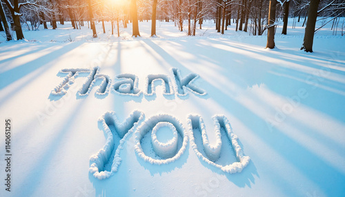 “Thank You” message written in snowy landscape
